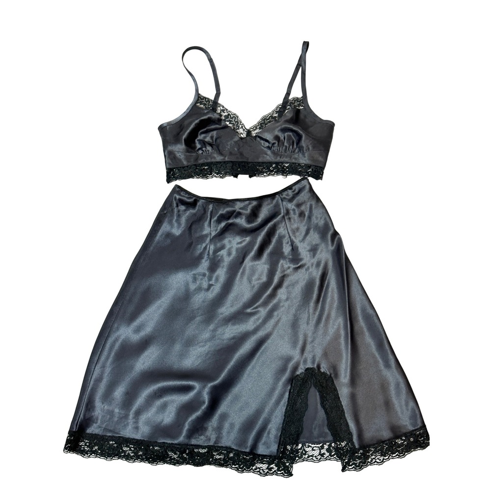 Vtg 90s Y2K Victorias Secret Satin Lace Set Cami Top Slip Skirt 2-Piece